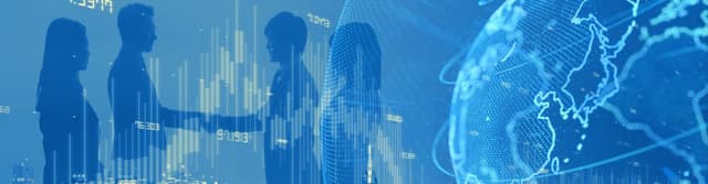 Silhouettes of business professionals shaking hands in front of digital financial graphs and a connected globe, symbolizing global collaboration and business growth under the Research and Innovation Scheme for Companies RIS(C).