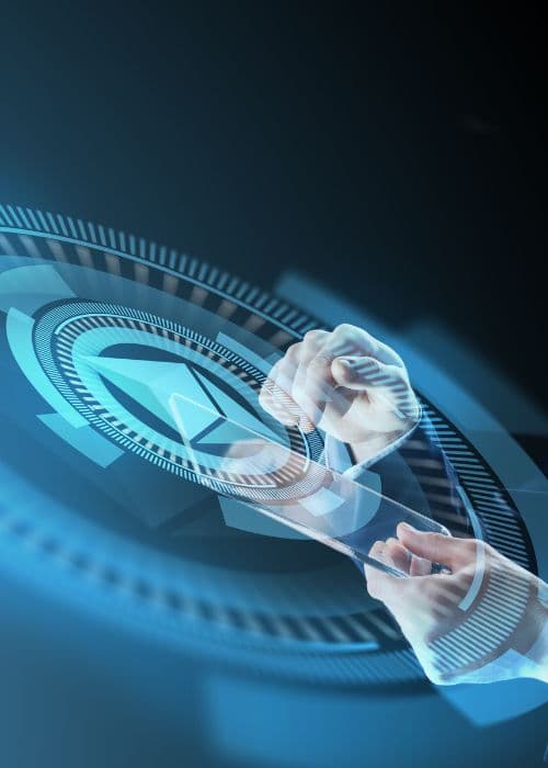 Digital handshake symbolizing fintech collaboration and innovation – FI Group Singapore